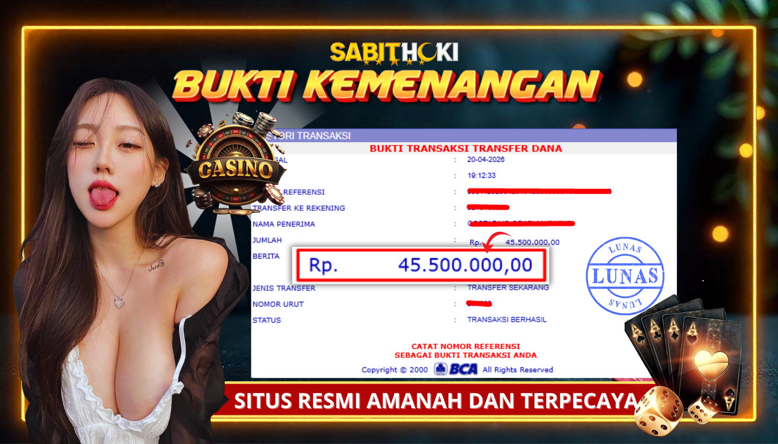 SELAMAT KEPADA MEMBER SETIA SABITHOKI BERHASIL JACKPOT DI PERMAINAN CASINO ( BACCARAT )